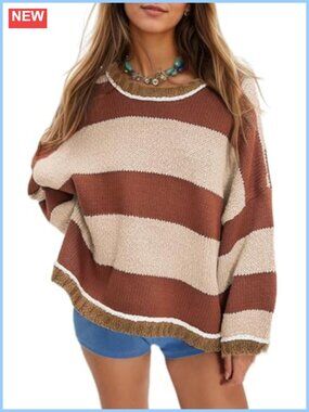 Oversized Striped Sweater Chunky Knit Crewneck Pullover